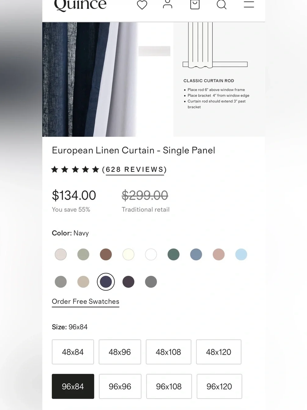 NWOT Quince European Linen Curtain - Single Panel, 96 X 84 (Navy)  MSRP $134